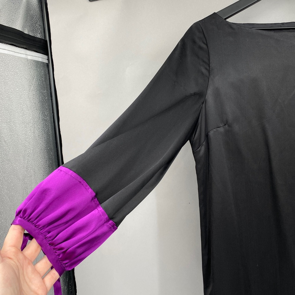 Kathryn Conover Satin Puff Sleeve Shift Dress Womens Size 8 Black Purple Mini - Picture 5 of 16